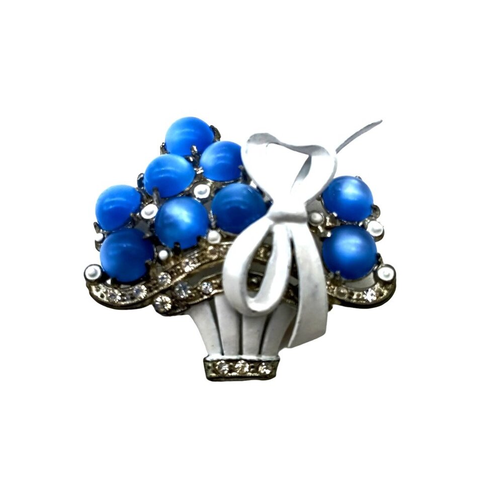 Vintage Blue Moonglow Flower Basket Brooch, Sapphire Color Lapel Pin with White